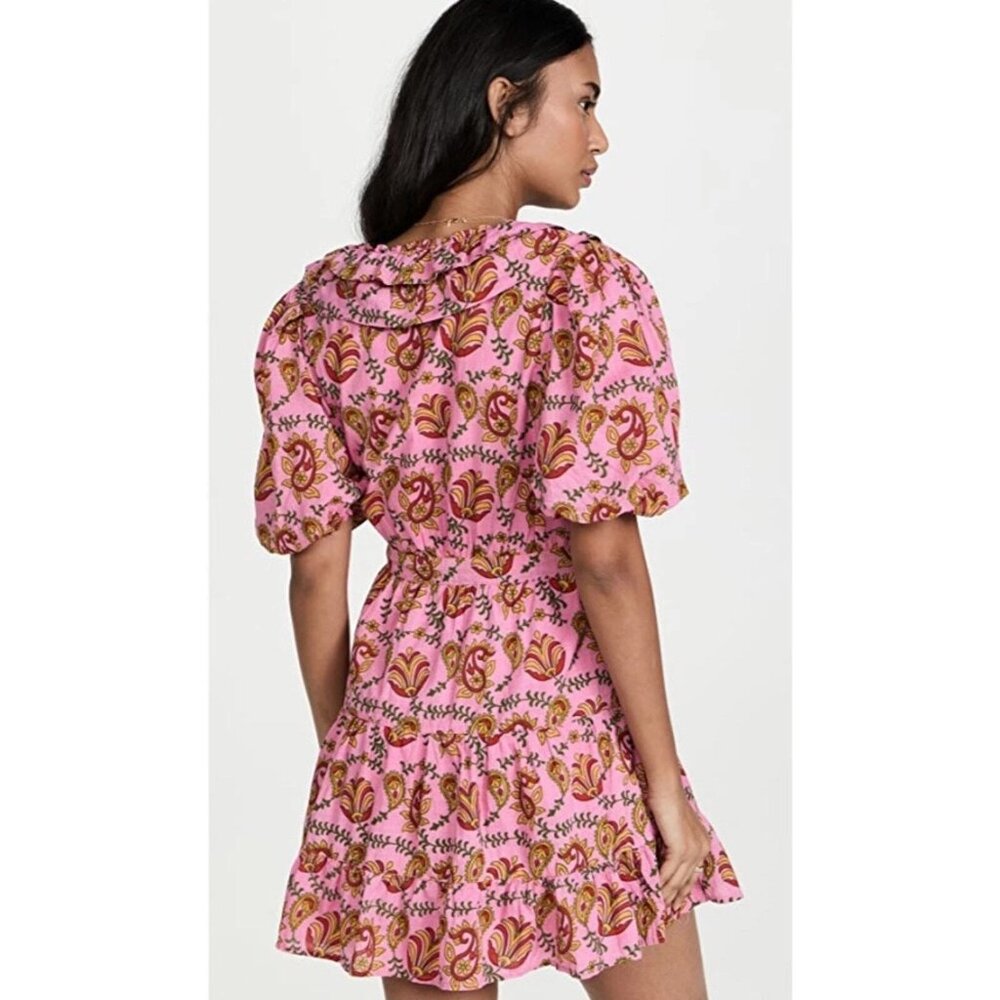 RAHI Women's Amber Dress XS Pink Batik Paisley V-neck Puff Sleeve Boho Ruffle - Picture 2 of 9